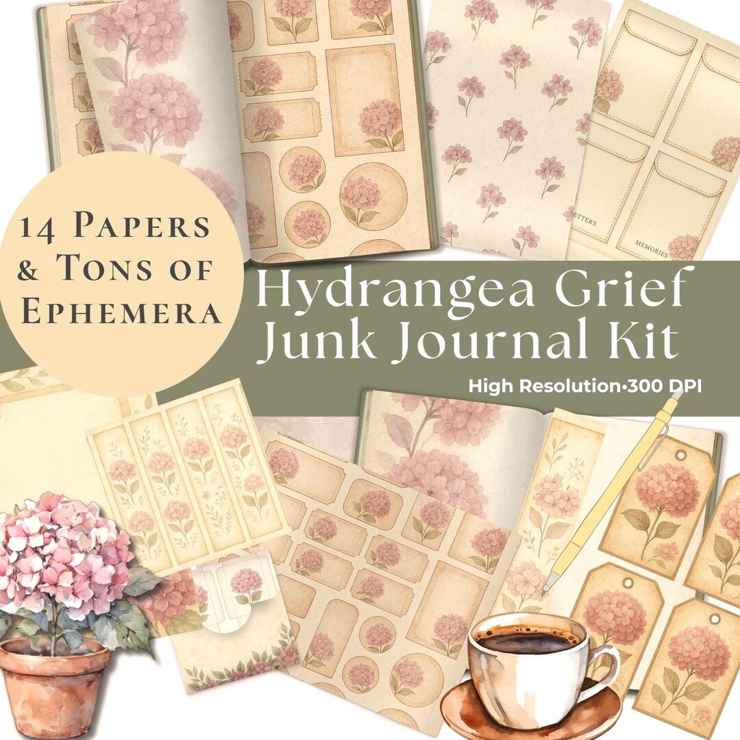 Hydrangea Grief Junk Journal Kit | Printable Papers, Letters, Pockets, Tags &amp; Ephemera - Etsy