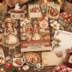 Puede incluir: Una colección de imágenes prediseñadas digitales de estilo vintage con temática de manzanas que incluye una niña con sombrero de paja, tarros de mantequilla de manzana, tarjetas de recetas, un calendario e ilustraciones. 37 archivos PNG Vintage Apple Season.