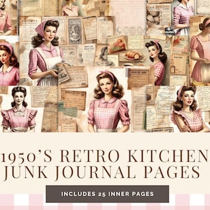 Könnte beinhalten: Eine Collage aus Bildern und Texten im Vintage-Stil, mit Frauen in rosa Vichy-Schürzen und Kopftüchern, durchsetzt mit gealterten Papier-Ephemera. Der Text lautet "1950'S RETRO KITCHEN JUNK JOURNAL PAGES" und "INCLUDES 25 INNER PAGES".