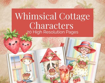 20 páginas imprimibles con personajes de Strawberry Cottage, paquete de papel para diario creativo de 8.5 x 11 pulgadas, descarga digital con temática de cuento de hadas y estilo cottagecore.