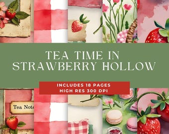 Clipart de fresa estilo cottagecore: vichy vintage, diario basura para fiestas de té, descarga digital