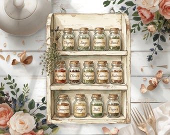 Vintage Farmhouse Spice Rack Clipart, Rustic Kitchen Shelf PNG, Watercolor Pantry Decor, Shabby Chic Kitchen Illustration