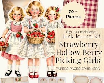 Kit de diario creativo Strawberry Hollow Berry Picking Girls, muñecas de papel vintage, efímeros (descarga digital)