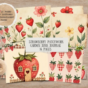 Patchwork Strawberry Garden Junk Journal Pages, Fussy Cuts, Clipart, Stickers, Printable Ephemera, Primitive Folk Art Vintage Fruit, Farm