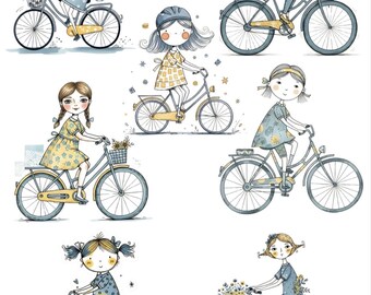 2026 Whimsical Calendar, Girls on Bikes, Planner Stickers (Digital Download)