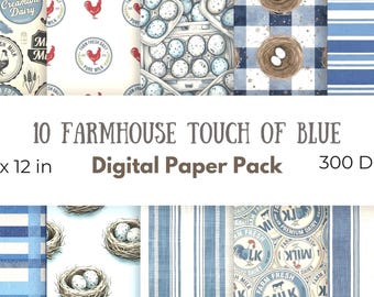 Blue Farmhouse Rooster Papers | Gingham Scrapbook Patterns, Craft pages, chickens, milk, eggs,  (Digital Download)