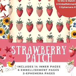 Páginas de diario basura de la granja con fresas: manualidades para niños, papel para álbumes de recortes (descarga digital)