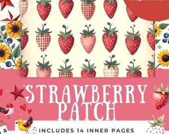 Páginas de diario basura de la granja con fresas: manualidades para niños, papel para álbumes de recortes (descarga digital)