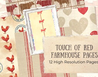 Farmhouse Rooster Digital Paper: Country Red Gingham (Digital Download)
