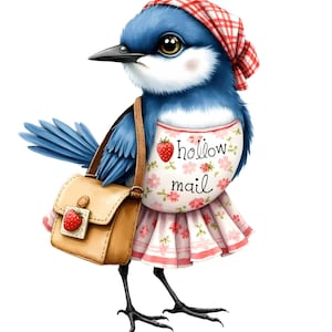 May include: A whimsical illustration of a blue bird wearing a red and white checkered headscarf, apron, and skirt. The apron has a strawberry and the words "hollow mail". The bird carries a tan satchel with a strawberry on the flap.