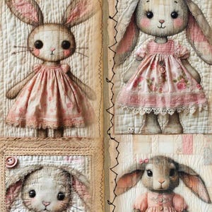 Rabbit Patchwork Junk Journal Covers or craft papers: scrapbook, kids book, Printable Ephemera, primitive folk art (Digital Download)