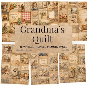 Oma's quilt patchwork ongewenste dagboekpagina's, vintage Cottagecore Ephemera-kit (digitale download)