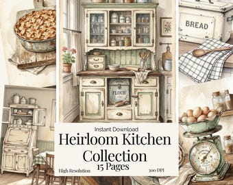 Colección Heirloom Kitchen: Páginas de diario de estilo granja vintage, efímeros, descarga instantánea para imprimir, decoración de pared estilo cottagecore con acuarelas.