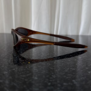 May include: Brown sunglasses with dark lenses. The sunglasses have a curved frame and arms, with a gold-colored accent on the side. The lenses are dark, and the sunglasses are resting on a dark, reflective surface.