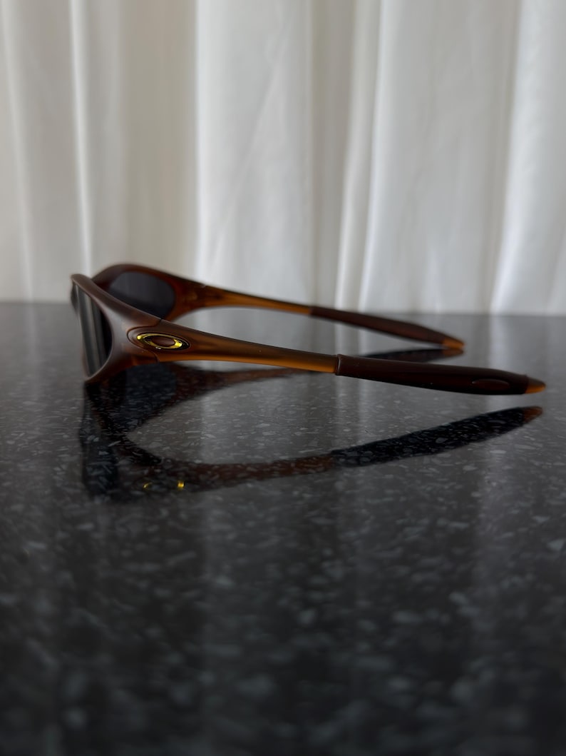 May include: Brown sunglasses with dark lenses. The sunglasses have a curved frame and arms, with a gold-colored accent on the side. The lenses are dark, and the sunglasses are resting on a dark, reflective surface.