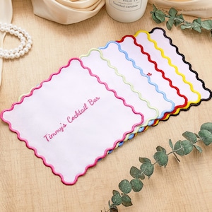 Custom Bar Napkin, Personalized Linen Wedding Napkin, Custom Fabric Coaster, Embroidered Name and Icon, Set of 4