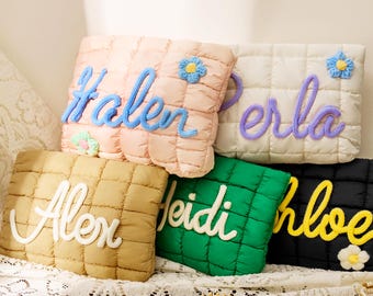 Personalized Quilted Puffer Makeup Bag, 3D Embroidered Zipper Pouch