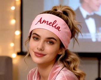 Personalized Monogrammed Spa Headband, Custom Name Face Wash Headband, Script Embroidered Spa Headband, Custom Makeup & Skincare Hair Wrap