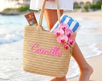 Gepersonaliseerde strandtassen van stro, aangepaste huwelijksbedankje strandvakantie stro, strandtas voor meisjes reis, cadeaus bruidsmeisje, vrijgezellenfeestgunsten
