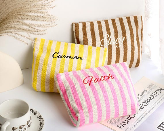 Pastel Striped Monogramed Makeup Bag, Embroidered Canvas Makeup Bag, Personalized Monogramed Toiletry Pouch, Bridal Shower Gift
