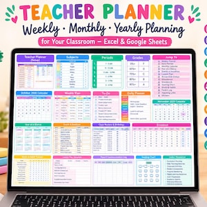 Pode incluir: Um planejador digital para professores exibido na tela de um laptop, com seções coloridas para planejamento semanal, mensal e anual, incluindo calendários, registros de notas e listas. A interface é compatível com Excel e Google Sheets.