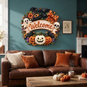 May include: A decorative Halloween wreath featuring a central banner with the word Welcome, surrounded by crocheted elements including a black witch hat, a white ghost, two black bats, a skull, two black crows, and three orange jack-o'-lanterns.
