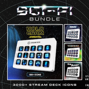 May include: A white Stream Deck with blue illuminated icons, part of a Sci-Fi bundle. The image includes the text "Hologram Animated" and "500+ Icons". Additional images show different icon layouts, including "XRAY" and "Thermo".