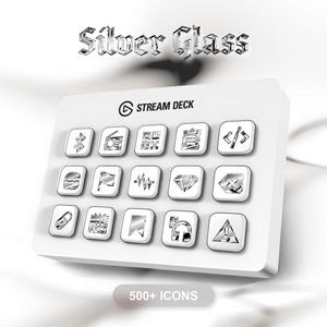 May include: A white Stream Deck with silver icons, including Bluetooth, radio, and code symbols. The text "Silver Glass" is above the device, and "500+ ICONS" is below. The device has a sleek, modern design.