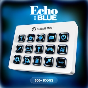 May include: A white Stream Deck with blue backlit icons, including a gear, lightbulb, chat bubble, and power symbol. The text "Echo: BLUE" and "STREAM DECK" are visible. The bottom of the device has the text "500+ ICONS".