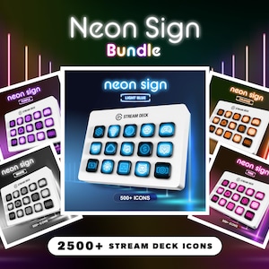 Könnte beinhalten: Ein Neon-Schild-Bundle mit einem weißen Stream Deck mit hellblauen Symbolen, umgeben von anderen Neon-Schildern in Lila, Orange, Pink und Weiß. Der Text "2500+ Stream Deck Icons" ist enthalten.