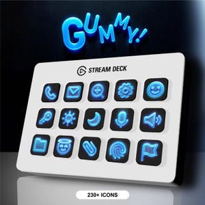May include: A white Stream Deck with a blue neon GUMMY! logo at the top. The deck has 16 customizable buttons with blue neon icons, including a phone, envelope, magnifying glass, gear, smiley face, key, sun, moon, microphone, speaker, folder, angel, paperclip, fingerprint, and flag. The text "230+ ICONS" is at the bottom.
