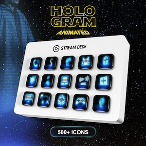 Puede incluir: Un Stream Deck blanco con 15 botones cuadrados negros iluminados. Cada botón muestra un icono diferente en azul, como un escudo, un teléfono y un mando de videojuegos. También se ve el texto "Hologram Animated" y "500+ Icons".