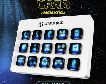 May include: A white Stream Deck with 15 illuminated, black, square buttons. Each button displays a different icon in blue, such as a shield, a phone, and a video game controller. The text "Hologram Animated" and "500+ Icons" are also visible.