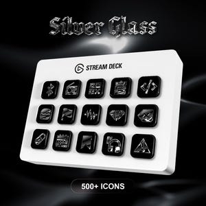 May include: A white Stream Deck with 15 black, glossy buttons, each featuring a unique icon. The text "Silver Glass" is above the device, and "500+ Icons" is below. The Stream Deck is designed for content creators.