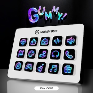 May include: A white Stream Deck with a black background and 15 colorful, glowing icons. The icons include a diamond, thumbs up, envelope, equalizer, speaker, flag, paintbrush, heart, headphones, phone, pause, game controller, guitar, music note, and gift. The text "GUMMY!" is above the Stream Deck and the text "230+ ICONS" is below the Stream Deck.