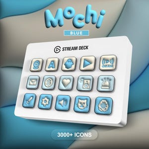 以下が含まれることがあります： 「Mochi Blue」と「3000+ Icons」の文字が入った、青と白のアイコンが特徴の白いStream Deck。アイコンには、メール、設定、猫の顔などの記号が含まれています。Stream Deckはストリーミング用に設計されています。