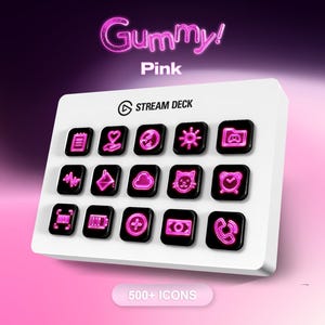 Puede incluir: Un Stream Deck blanco con botones negros e iconos de neón rosa. La imagen incluye el texto "Gummy! Pink" y "500+ Icons". Los iconos incluyen un corazón, un sol, un gato y un despertador.