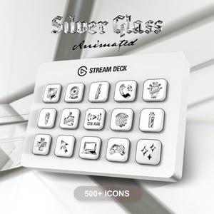 May include: A white Stream Deck with silver icons, including a heart, email, phone, and lightbulb. The text "Silver Glass Animated" is at the top. The bottom of the device has the text "500+ Icons".