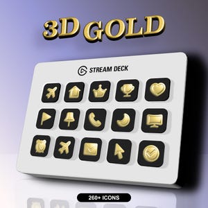 Op de afbeelding: Een witte Stream Deck met 15 gouden 3D-pictogrammen. De pictogrammen omvatten een vliegtuig, een huis, een kroon, een trofee, een hart, een vlag, een bel, een telefoon, een halve maan, een monitor, een klok, een vliegtuig, een envelop, een muisaanwijzer en een vinkje. De tekst "3D GOLD" staat bovenaan de afbeelding en "260+ ICONS" onderaan.