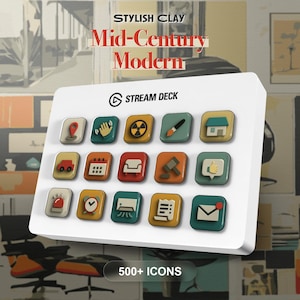 May include: A white Stream Deck with a collection of colorful icons, including a location pin, hand, radiation symbol, paintbrush, house, car, calendar, sofa, gavel, thumbs up, alarm, clock, air conditioner, document, and envelope. The text "Stylish Clay Mid-Century Modern" and "500+ Icons" are also visible.