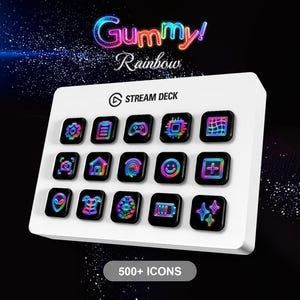 Puede incluir: Un Stream Deck blanco con 15 botones cuadrados negros, cada uno con un icono colorido único. El texto "Gummy! Rainbow" se muestra encima del deck, con "500+ ICONS" debajo. Los iconos tienen un degradado arcoíris.