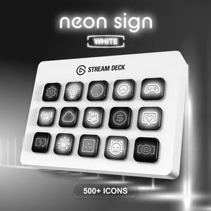 May include: A white Stream Deck featuring 15 illuminated black square buttons, each with a distinct icon. The words "neon sign" and "WHITE" are displayed above the deck. The bottom of the deck reads "500+ ICONS".