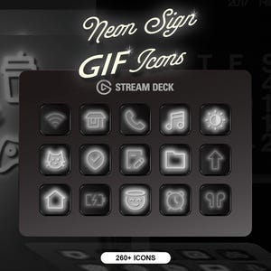 Pode incluir: Uma imagem em preto e branco de um Stream Deck com mais de 260 ícones GIF animados. Os ícones estão dispostos em uma grade e incluem símbolos como uma casa, um telefone, uma nota musical, um sol, um gato, uma marca de verificação, uma pasta, uma seta, uma casa, um raio, um rosto sorridente, um despertador e fones de ouvido.