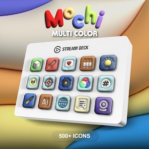 May include: A white Stream Deck with colorful icons, including a cube, sword, heart, and lightbulb. The word "Mochi" is displayed in 3D lettering above, with "MULTI COLOR" below. The image also includes the text "500+ ICONS".