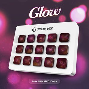 Op de afbeelding: Een witte Stream Deck met 15 donkerrode vierkante knoppen, elk met een uniek pictogram. Het woord "Glow" staat bovenaan en de tekst "500+ ANIMATED ICONS" staat onderaan. De achtergrond is een verloop van paars en roze.
