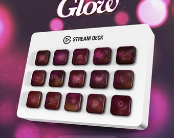 May include: A white Stream Deck featuring 15 dark red square buttons, each with a distinct icon. The word "Glow" is at the top, and the text "500+ ANIMATED ICONS" is at the bottom. The background is a gradient of purple and pink.