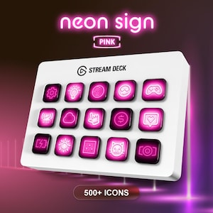 Könnte beinhalten: Ein weißes Stream Deck mit pinkfarbenen Neon-Tasten und -Symbolen. Die Wörter "neon sign" und "pink" werden über dem Gerät angezeigt. Der Boden des Geräts lautet "500+ ICONS".