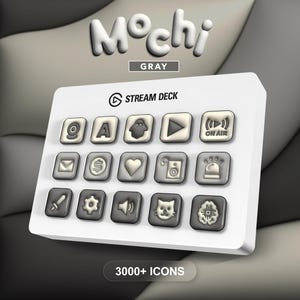 以下が含まれることがあります： 16個の異なるアイコンが付いた灰色のボタンがついた白いStream Deck。ボタンは4x4のグリッドに配置されています。デッキには「Mochi Gray」と「3000+ Icons」の文字が印刷されています。