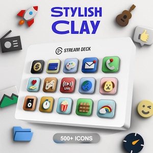 May include: A white Stream Deck with 16 colorful, 3D icons. The icons include a dollar sign, a credit card, a paintbrush, an envelope, a phone, a heart, a map, a play button, a globe, a dog, a speaker, a stopwatch, popcorn, a fence, a rainbow cloud, and a smiley face. The text "STREAM DECK" and "500+ ICONS" are also visible on the device.
