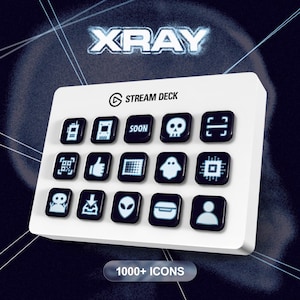 May include: A white Stream Deck with a black background and 15 buttons. The buttons have various icons, including a skull, a ghost, a thumbs up, and a robot. The text "XRAY" is displayed in blue above the Stream Deck. The text "1000+ ICONS" is displayed below the Stream Deck.
